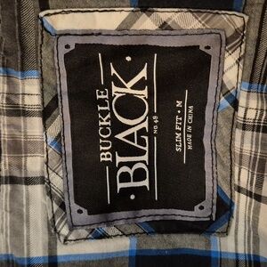 Buckle Black Shirt Mens M black, light blue & gray plaid Slim Fit Snap buttons